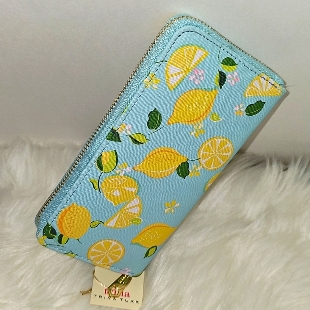 Trina Turk Lemon Print Blue and Yellow Zip Around Wallet 🍋 - Picture 4 of 11